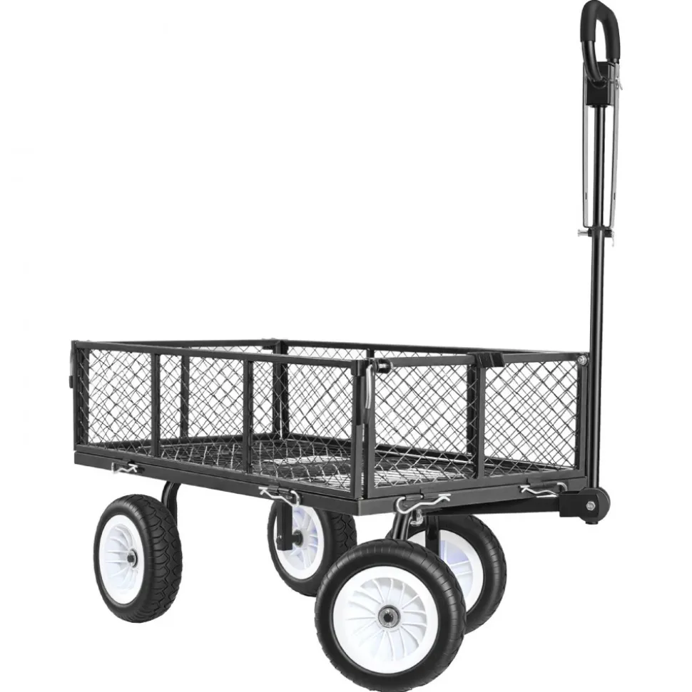 VEVOR Garden Cart, 900 LBS, Heavy Duty Steel Yard and Garden Utility Wagon with 10-Inch Tires, Outdoor Gardening Stool with Adjustable Handle, Detachable Side Panels, Attach to ATV or Tractor, Black