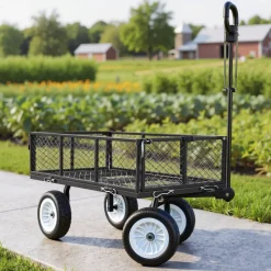 VEVOR Garden Cart, 900 LBS, Heavy Duty Steel Yard and Garden Utility Wagon with 10-Inch Tires, Outdoor Gardening Stool with Adjustable Handle, Detachable Side Panels, Attach to ATV or Tractor, Black