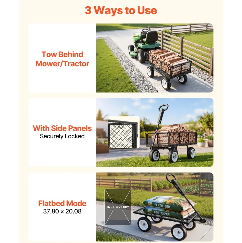 VEVOR Garden Cart, 900 LBS, Heavy Duty Steel Yard and Garden Utility Wagon with 10-Inch Tires, Outdoor Gardening Stool with Adjustable Handle, Detachable Side Panels, Attach to ATV or Tractor, Black