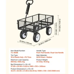 VEVOR Garden Cart, 900 LBS, Heavy Duty Steel Yard and Garden Utility Wagon with 10-Inch Tires, Outdoor Gardening Stool with Adjustable Handle, Detachable Side Panels, Attach to ATV or Tractor, Black