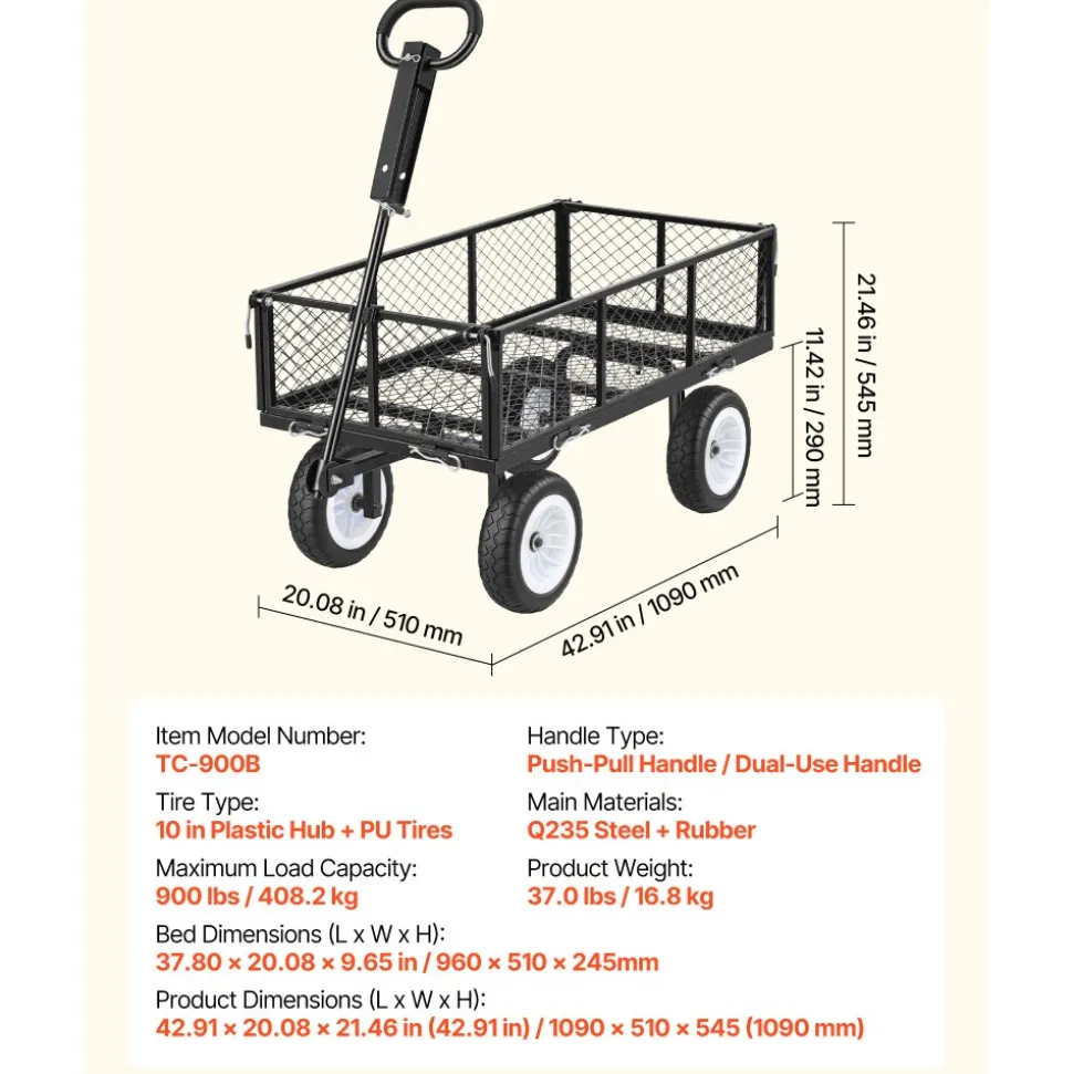 VEVOR Garden Cart, 900 LBS, Heavy Duty Steel Yard and Garden Utility Wagon with 10-Inch Tires, Outdoor Gardening Stool with Adjustable Handle, Detachable Side Panels, Attach to ATV or Tractor, Black