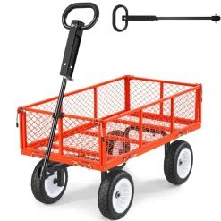 VEVOR Garden Cart, 900 LBS, Heavy Duty Steel Yard and Garden Utility Wagon with 10-Inch Tires, Outdoor Gardening Stool with Adjustable Handle, Detachable Side Panels, Attach to ATV or Tractor, Red