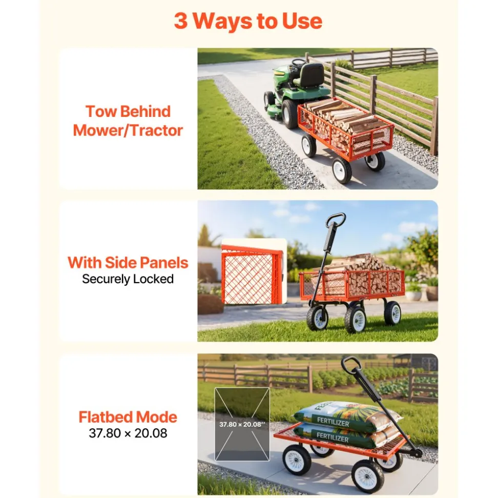 VEVOR Garden Cart, 900 LBS, Heavy Duty Steel Yard and Garden Utility Wagon with 10-Inch Tires, Outdoor Gardening Stool with Adjustable Handle, Detachable Side Panels, Attach to ATV or Tractor, Red