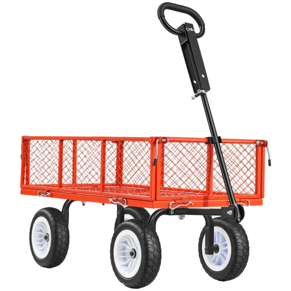 VEVOR Garden Cart, 900 LBS, Heavy Duty Steel Yard and Garden Utility Wagon with 10-Inch Tires, Outdoor Gardening Stool with Adjustable Handle, Detachable Side Panels, Attach to ATV or Tractor, Red