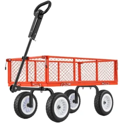 VEVOR Garden Cart, 900 LBS, Heavy Duty Steel Yard and Garden Utility Wagon with 10-Inch Tires, Outdoor Gardening Stool with Adjustable Handle, Detachable Side Panels, Attach to ATV or Tractor, Red
