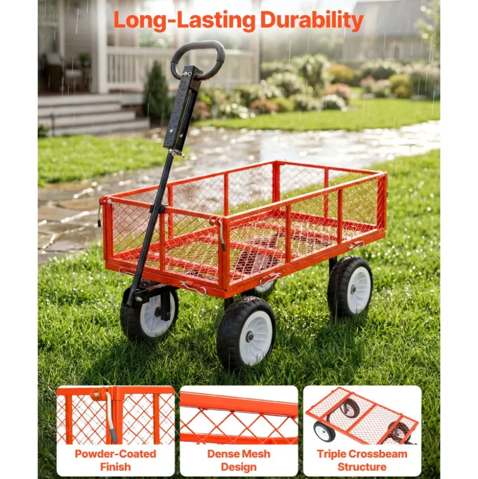 VEVOR Garden Cart, 900 LBS, Heavy Duty Steel Yard and Garden Utility Wagon with 10-Inch Tires, Outdoor Gardening Stool with Adjustable Handle, Detachable Side Panels, Attach to ATV or Tractor, Red