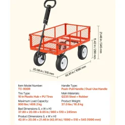 VEVOR Garden Cart, 900 LBS, Heavy Duty Steel Yard and Garden Utility Wagon with 10-Inch Tires, Outdoor Gardening Stool with Adjustable Handle, Detachable Side Panels, Attach to ATV or Tractor, Red