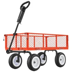 VEVOR Garden Cart, 900 LBS, Heavy Duty Steel Yard and Garden Utility Wagon with 10-Inch Tires, Outdoor Gardening Stool with Adjustable Handle, Detachable Side Panels, Attach to ATV or Tractor, Red