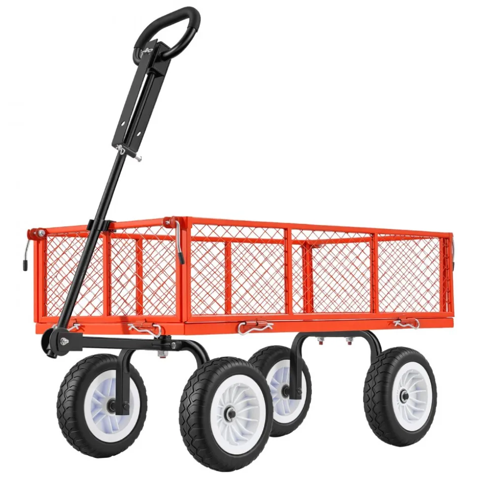 VEVOR Garden Cart, 900 LBS, Heavy Duty Steel Yard and Garden Utility Wagon with 10-Inch Tires, Outdoor Gardening Stool with Adjustable Handle, Detachable Side Panels, Attach to ATV or Tractor, Red