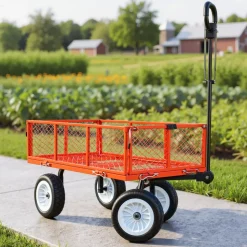 VEVOR Garden Cart, 900 LBS, Heavy Duty Steel Yard and Garden Utility Wagon with 10-Inch Tires, Outdoor Gardening Stool with Adjustable Handle, Detachable Side Panels, Attach to ATV or Tractor, Red