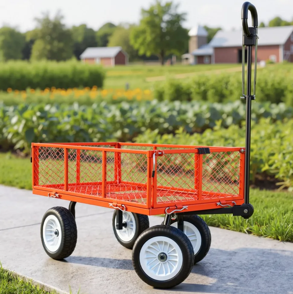 VEVOR Garden Cart, 900 LBS, Heavy Duty Steel Yard and Garden Utility Wagon with 10-Inch Tires, Outdoor Gardening Stool with Adjustable Handle, Detachable Side Panels, Attach to ATV or Tractor, Red
