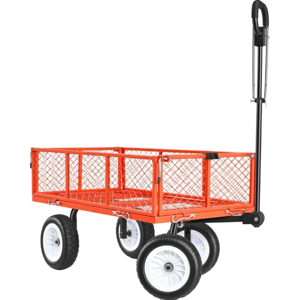 VEVOR Garden Cart, 900 LBS, Heavy Duty Steel Yard and Garden Utility Wagon with 10-Inch Tires, Outdoor Gardening Stool with Adjustable Handle, Detachable Side Panels, Attach to ATV or Tractor, Red