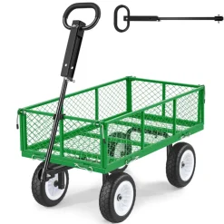 VEVOR Garden Cart, 900 LBS, Heavy Duty Steel Yard and Garden Utility Wagon with 10-Inch Tires, Outdoor Gardening Stool with Adjustable Handle, Detachable Side Panels, Attach to ATV or Tractor, Green