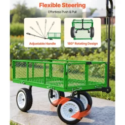 VEVOR Garden Cart, 900 LBS, Heavy Duty Steel Yard and Garden Utility Wagon with 10-Inch Tires, Outdoor Gardening Stool with Adjustable Handle, Detachable Side Panels, Attach to ATV or Tractor, Green