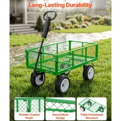 VEVOR Garden Cart, 900 LBS, Heavy Duty Steel Yard and Garden Utility Wagon with 10-Inch Tires, Outdoor Gardening Stool with Adjustable Handle, Detachable Side Panels, Attach to ATV or Tractor, Green