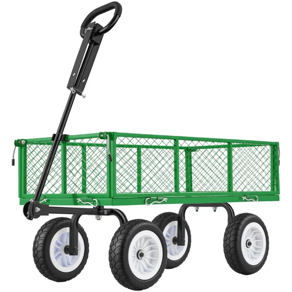VEVOR Garden Cart, 900 LBS, Heavy Duty Steel Yard and Garden Utility Wagon with 10-Inch Tires, Outdoor Gardening Stool with Adjustable Handle, Detachable Side Panels, Attach to ATV or Tractor, Green