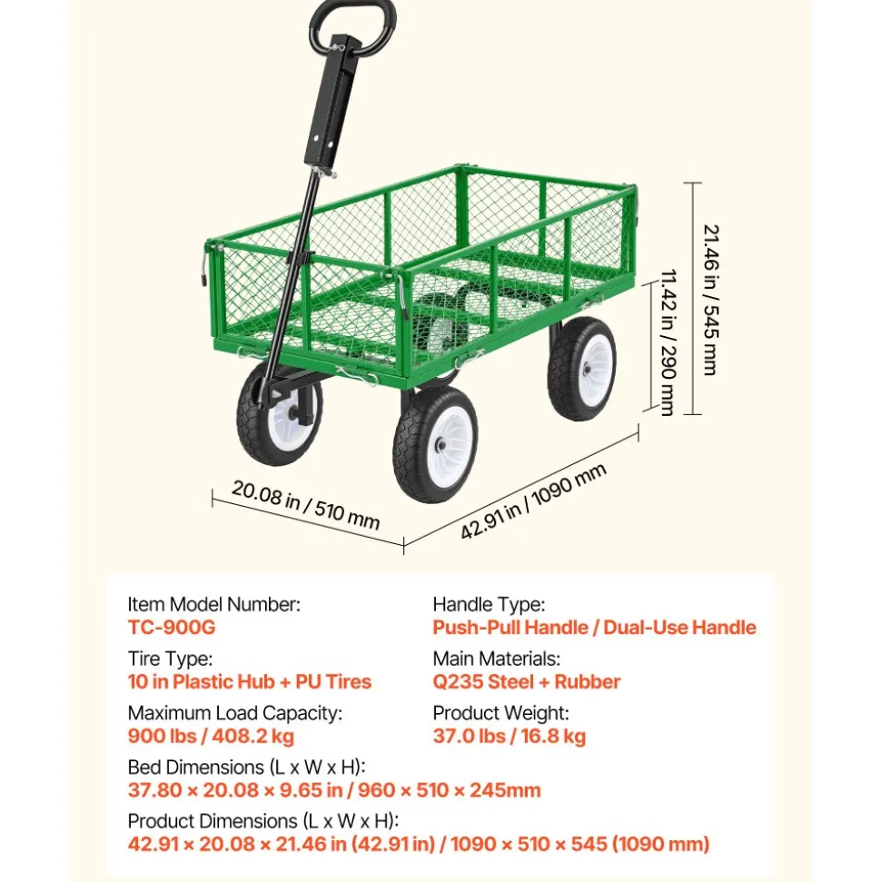 VEVOR Garden Cart, 900 LBS, Heavy Duty Steel Yard and Garden Utility Wagon with 10-Inch Tires, Outdoor Gardening Stool with Adjustable Handle, Detachable Side Panels, Attach to ATV or Tractor, Green