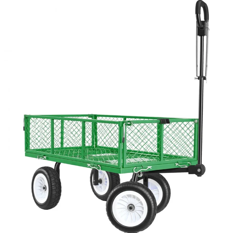 VEVOR Garden Cart, 900 LBS, Heavy Duty Steel Yard and Garden Utility Wagon with 10-Inch Tires, Outdoor Gardening Stool with Adjustable Handle, Detachable Side Panels, Attach to ATV or Tractor, Green