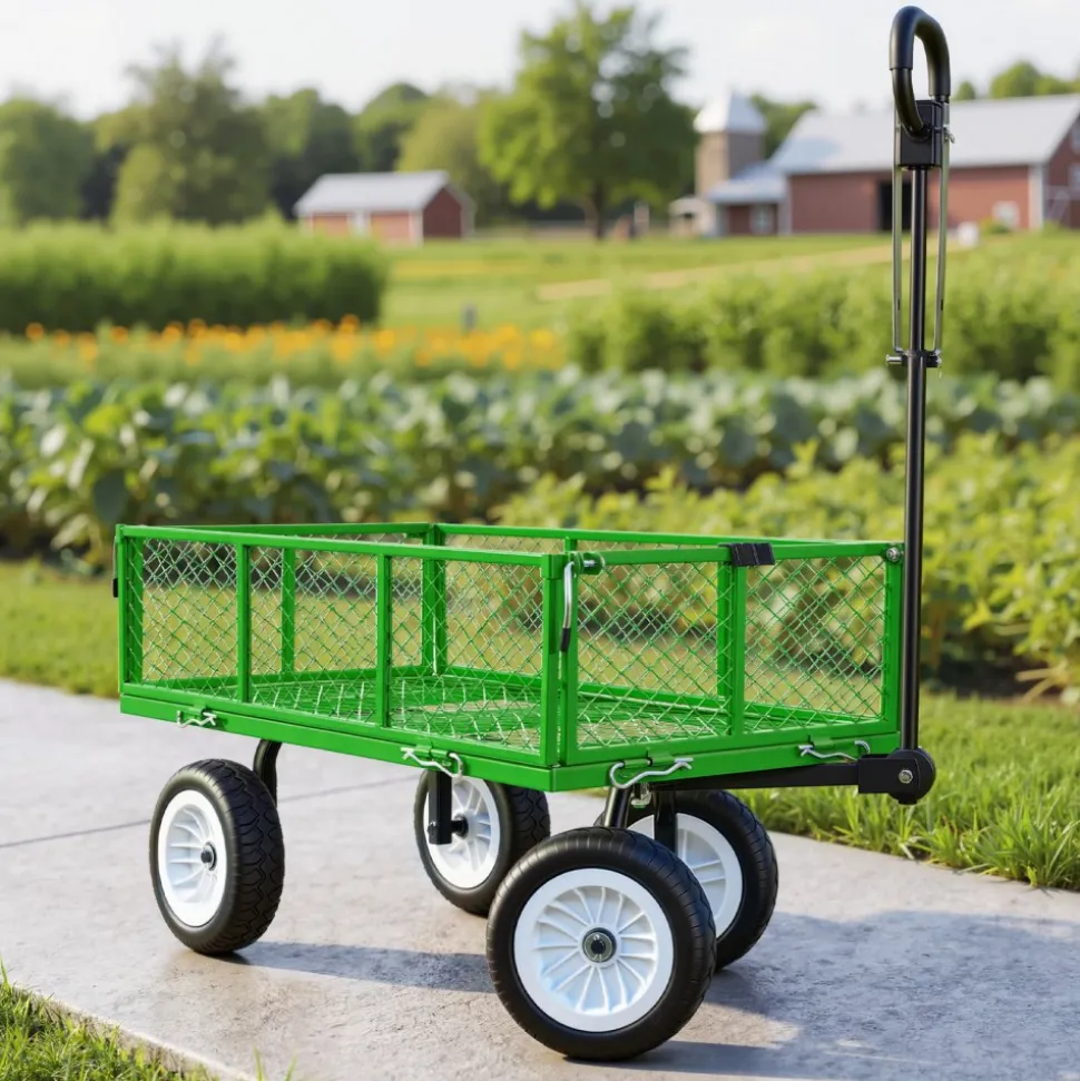 VEVOR Garden Cart, 900 LBS, Heavy Duty Steel Yard and Garden Utility Wagon with 10-Inch Tires, Outdoor Gardening Stool with Adjustable Handle, Detachable Side Panels, Attach to ATV or Tractor, Green