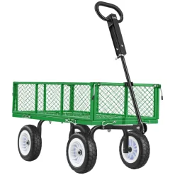 VEVOR Garden Cart, 900 LBS, Heavy Duty Steel Yard and Garden Utility Wagon with 10-Inch Tires, Outdoor Gardening Stool with Adjustable Handle, Detachable Side Panels, Attach to ATV or Tractor, Green