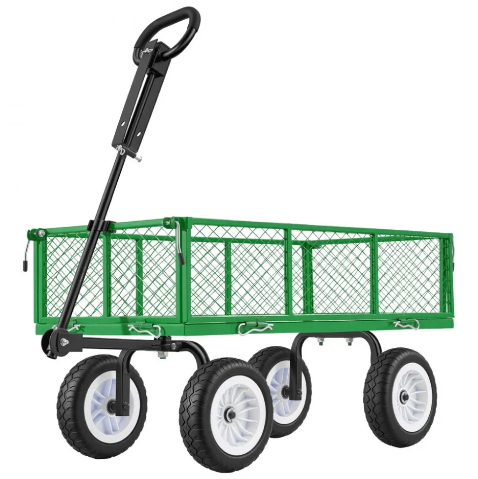 VEVOR Garden Cart, 900 LBS, Heavy Duty Steel Yard and Garden Utility Wagon with 10-Inch Tires, Outdoor Gardening Stool with Adjustable Handle, Detachable Side Panels, Attach to ATV or Tractor, Green