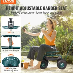VEVOR Garden Cart Rolling Workseat with Wheels, Gardening Stool for Planting, 360 Degree Swivel Seat, Wagon Scooter with Steering Handle & Utility Tool Tray, Use for Patio, Yard, and Outdoors, Blue