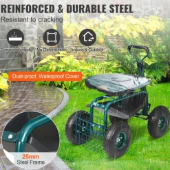 VEVOR Garden Cart Rolling Workseat with Wheels, Gardening Stool for Planting, 360 Degree Swivel Seat, Wagon Scooter with Steering Handle & Utility Tool Tray, Use for Patio, Yard, and Outdoors, Green