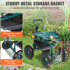 VEVOR Garden Cart Rolling Workseat with Wheels, Gardening Stool for Planting, 360 Degree Swivel Seat, Wagon Scooter with Steering Handle & Utility Tool Tray, Use for Patio, Yard, and Outdoors, Green