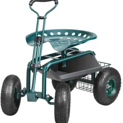 VEVOR Garden Cart Rolling Workseat with Wheels, Gardening Stool for Planting, 360 Degree Swivel Seat, Wagon Scooter with Steering Handle & Utility Tool Tray, Use for Patio, Yard, and Outdoors, Green