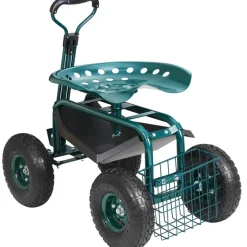 VEVOR Garden Cart Rolling Workseat with Wheels, Gardening Stool for Planting, 360 Degree Swivel Seat, Wagon Scooter with Steering Handle & Utility Tool Tray, Use for Patio, Yard, and Outdoors, Green