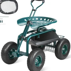 VEVOR Garden Cart Rolling Workseat with Wheels, Gardening Stool for Planting, 360 Degree Swivel Seat, Wagon Scooter with Steering Handle & Utility Tool Tray, Use for Patio, Yard, and Outdoors, Green