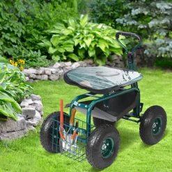VEVOR Garden Cart Rolling Workseat with Wheels, Gardening Stool for Planting, 360 Degree Swivel Seat, Wagon Scooter with Steering Handle & Utility Tool Tray, Use for Patio, Yard, and Outdoors, Green