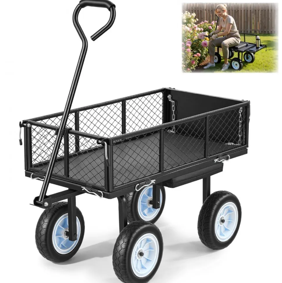 VEVOR Garden Cart with Seat, 500 LBS, Rolling Steel Garden Work Seat with Wheels, Heavy Duty Gardening Stool, with Tool Tray & Adjustable Handle, Outdoor Yard Wagon, for Lawn, Patio, Backyard, Black