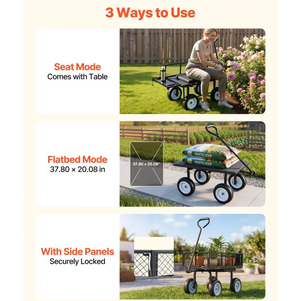 VEVOR Garden Cart with Seat, 500 LBS, Rolling Steel Garden Work Seat with Wheels, Heavy Duty Gardening Stool, with Tool Tray & Adjustable Handle, Outdoor Yard Wagon, for Lawn, Patio, Backyard, Black