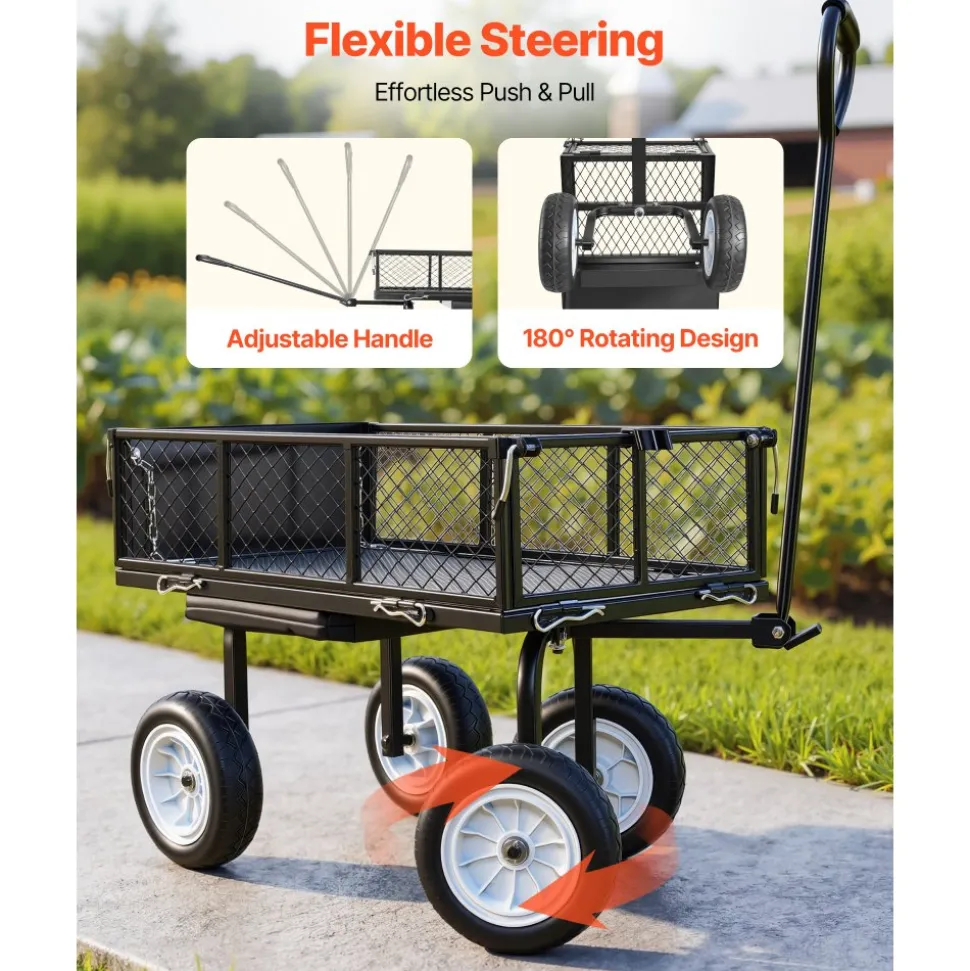 VEVOR Garden Cart with Seat, 500 LBS, Rolling Steel Garden Work Seat with Wheels, Heavy Duty Gardening Stool, with Tool Tray & Adjustable Handle, Outdoor Yard Wagon, for Lawn, Patio, Backyard, Black