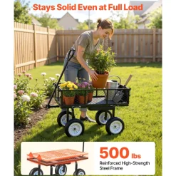 VEVOR Garden Cart with Seat, 500 LBS, Rolling Steel Garden Work Seat with Wheels, Heavy Duty Gardening Stool, with Tool Tray & Adjustable Handle, Outdoor Yard Wagon, for Lawn, Patio, Backyard, Black