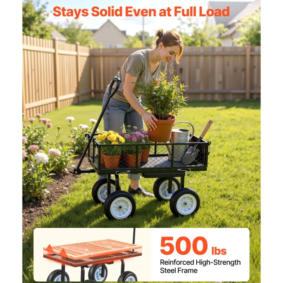 VEVOR Garden Cart with Seat, 500 LBS, Rolling Steel Garden Work Seat with Wheels, Heavy Duty Gardening Stool, with Tool Tray & Adjustable Handle, Outdoor Yard Wagon, for Lawn, Patio, Backyard, Black