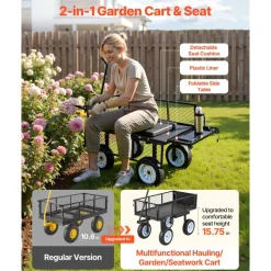 VEVOR Garden Cart with Seat, 500 LBS, Rolling Steel Garden Work Seat with Wheels, Heavy Duty Gardening Stool, with Tool Tray & Adjustable Handle, Outdoor Yard Wagon, for Lawn, Patio, Backyard, Black