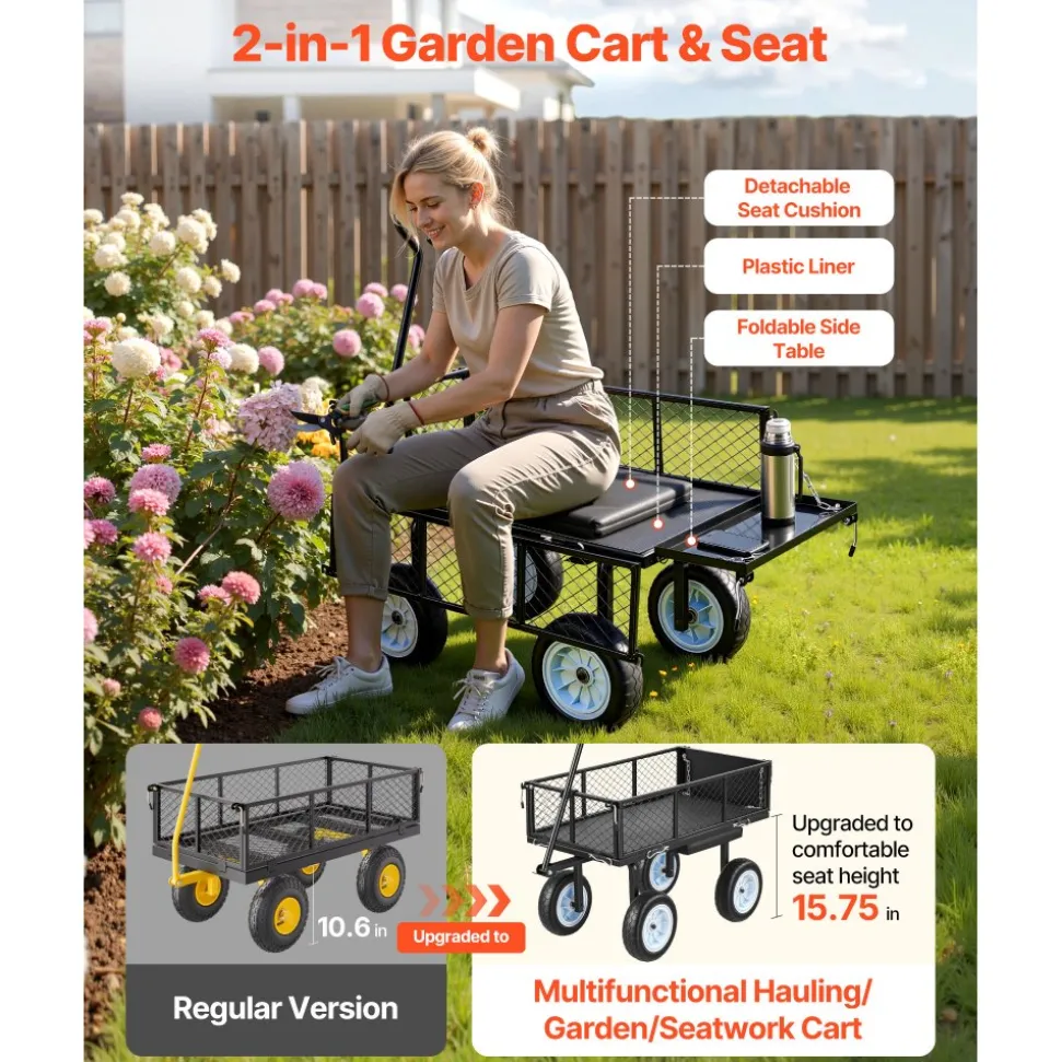 VEVOR Garden Cart with Seat, 500 LBS, Rolling Steel Garden Work Seat with Wheels, Heavy Duty Gardening Stool, with Tool Tray & Adjustable Handle, Outdoor Yard Wagon, for Lawn, Patio, Backyard, Black