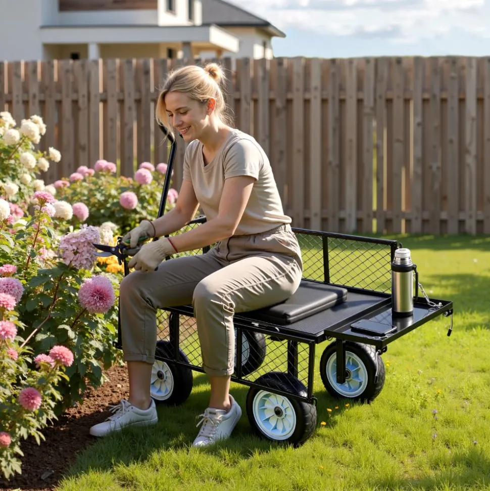 VEVOR Garden Cart with Seat, 500 LBS, Rolling Steel Garden Work Seat with Wheels, Heavy Duty Gardening Stool, with Tool Tray & Adjustable Handle, Outdoor Yard Wagon, for Lawn, Patio, Backyard, Black