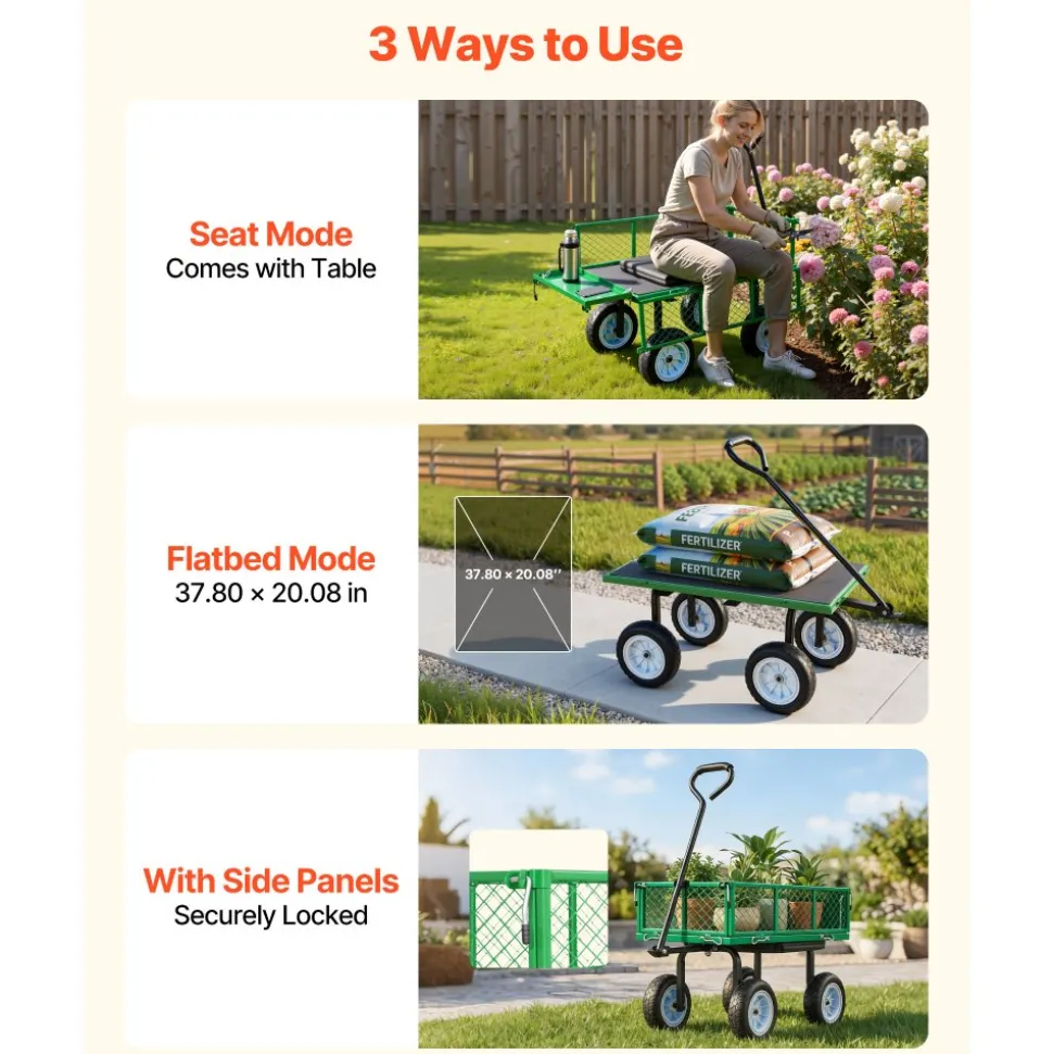 VEVOR Garden Cart with Seat, 500 LBS, Rolling Steel Garden Work Seat with Wheels, Heavy Duty Gardening Stool, with Tool Tray & Adjustable Handle, Outdoor Yard Wagon, for Lawn, Patio, Backyard, Green