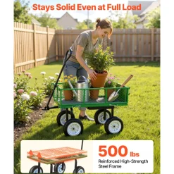 VEVOR Garden Cart with Seat, 500 LBS, Rolling Steel Garden Work Seat with Wheels, Heavy Duty Gardening Stool, with Tool Tray & Adjustable Handle, Outdoor Yard Wagon, for Lawn, Patio, Backyard, Green