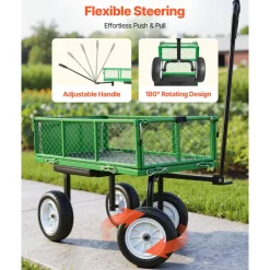 VEVOR Garden Cart with Seat, 500 LBS, Rolling Steel Garden Work Seat with Wheels, Heavy Duty Gardening Stool, with Tool Tray & Adjustable Handle, Outdoor Yard Wagon, for Lawn, Patio, Backyard, Green