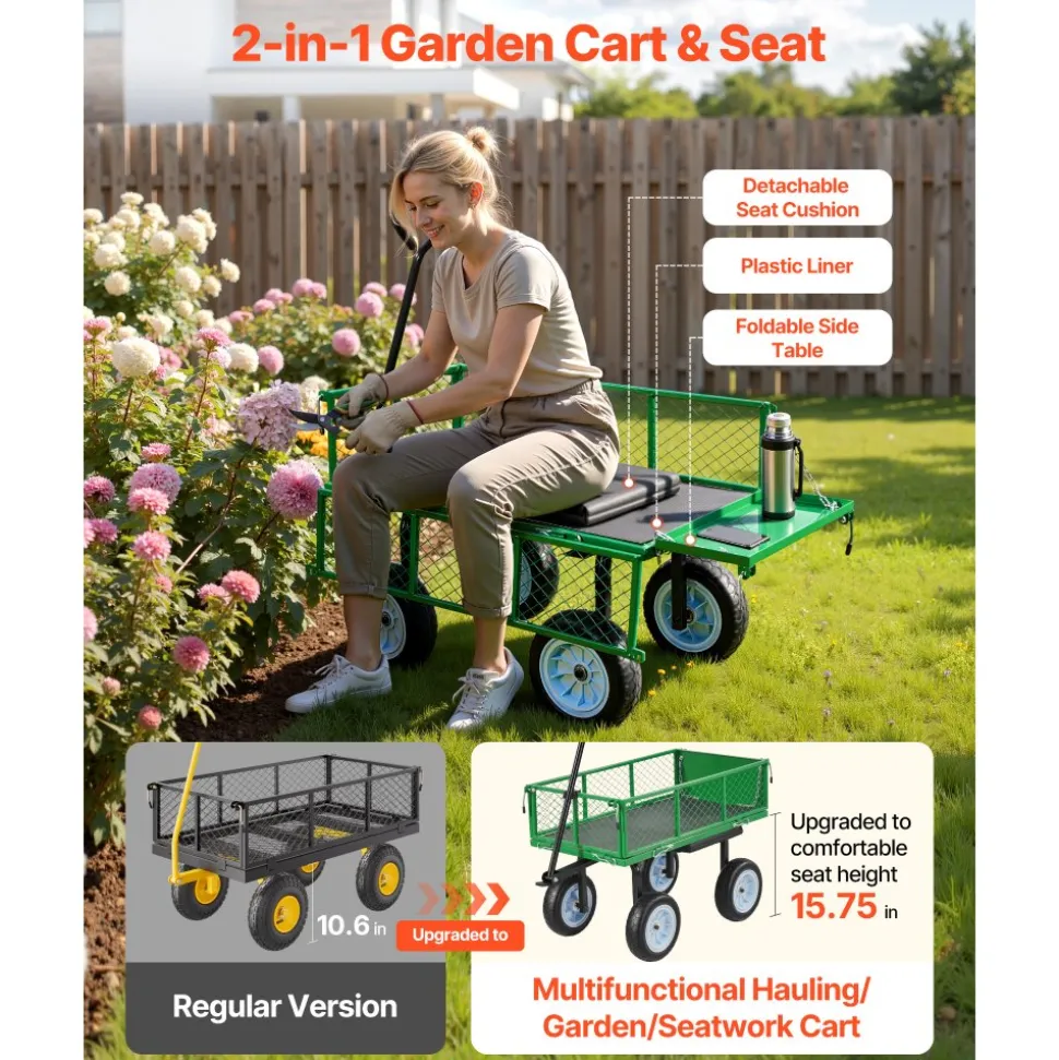 VEVOR Garden Cart with Seat, 500 LBS, Rolling Steel Garden Work Seat with Wheels, Heavy Duty Gardening Stool, with Tool Tray & Adjustable Handle, Outdoor Yard Wagon, for Lawn, Patio, Backyard, Green