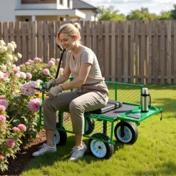 VEVOR Garden Cart with Seat, 500 LBS, Rolling Steel Garden Work Seat with Wheels, Heavy Duty Gardening Stool, with Tool Tray & Adjustable Handle, Outdoor Yard Wagon, for Lawn, Patio, Backyard, Green