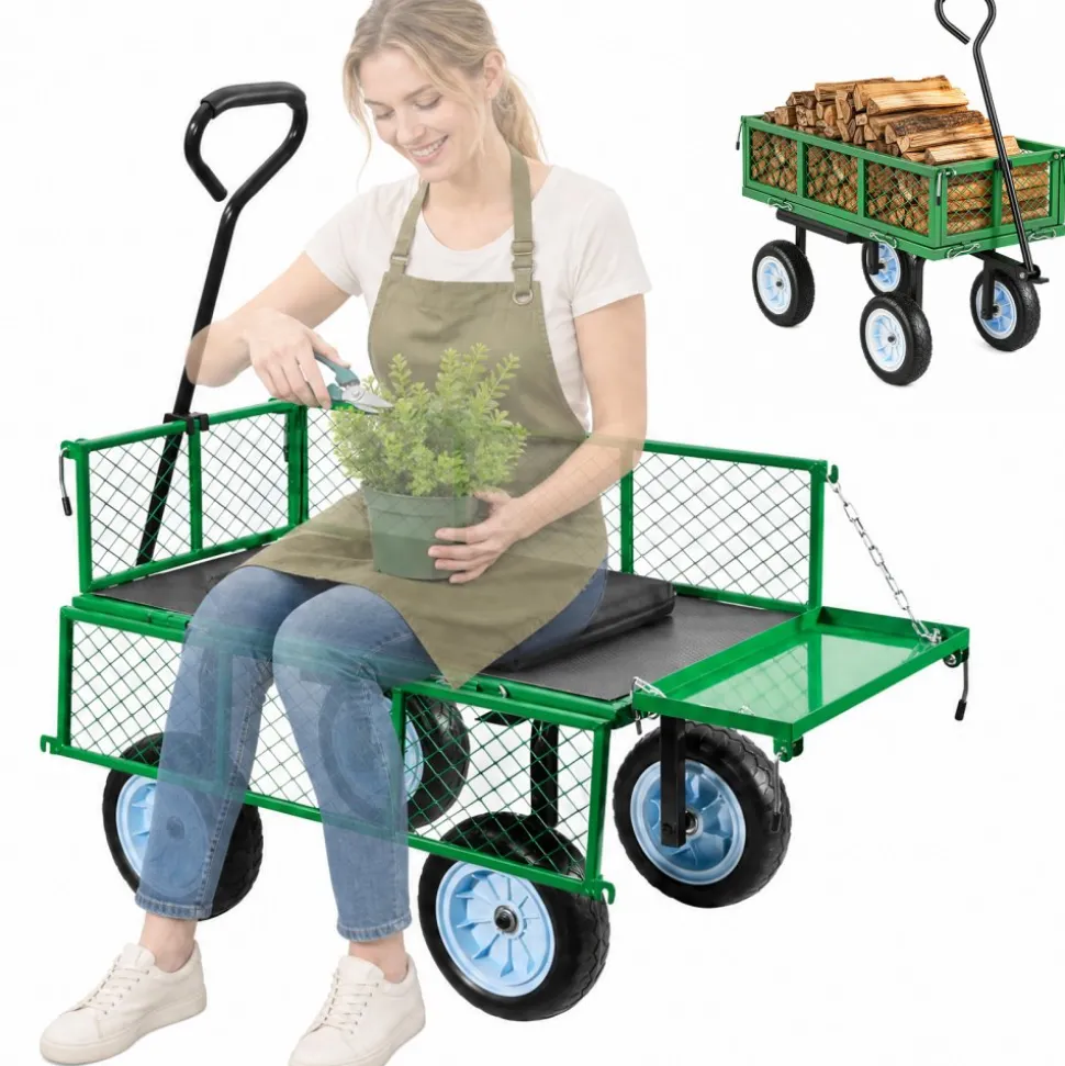 VEVOR Garden Cart with Seat, 500 LBS, Rolling Steel Garden Work Seat with Wheels, Heavy Duty Gardening Stool, with Tool Tray & Adjustable Handle, Outdoor Yard Wagon, for Lawn, Patio, Backyard, Green