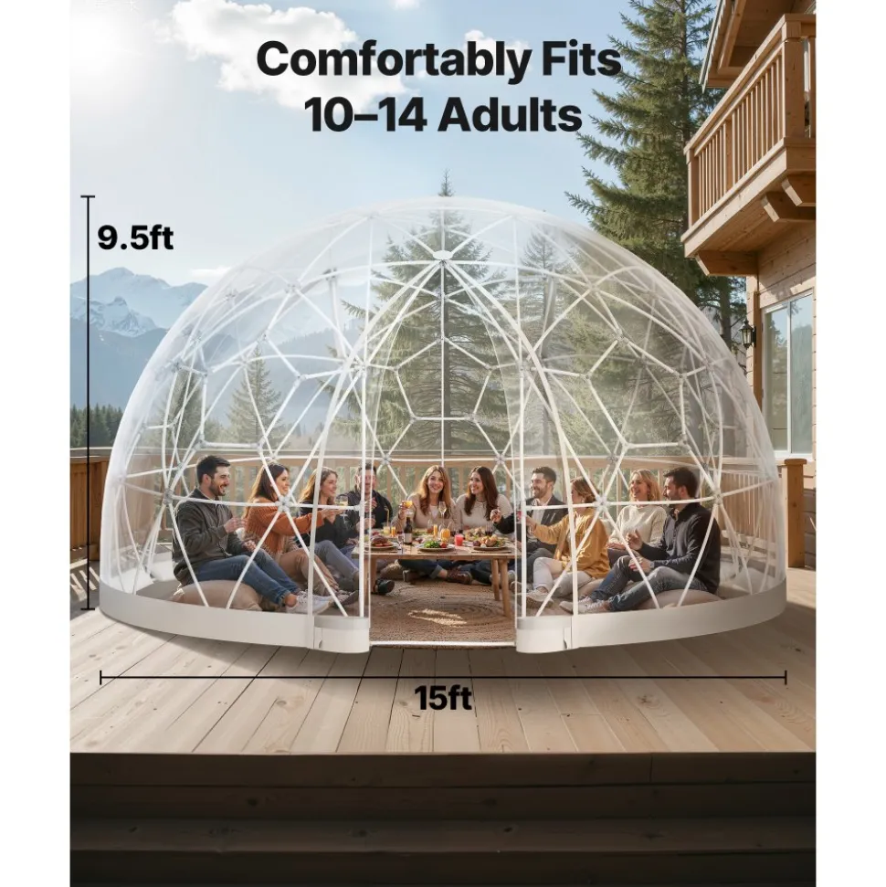 VEVOR Garden Dome Igloo, 15 x 9.5 ft Outdoor Clear Bubble Tent for 10-14 Person, Weatherproof Geodesic Dome Greenhouse with Window, PVC Igloo Tent for Backyard Patios Camping Party Wedding