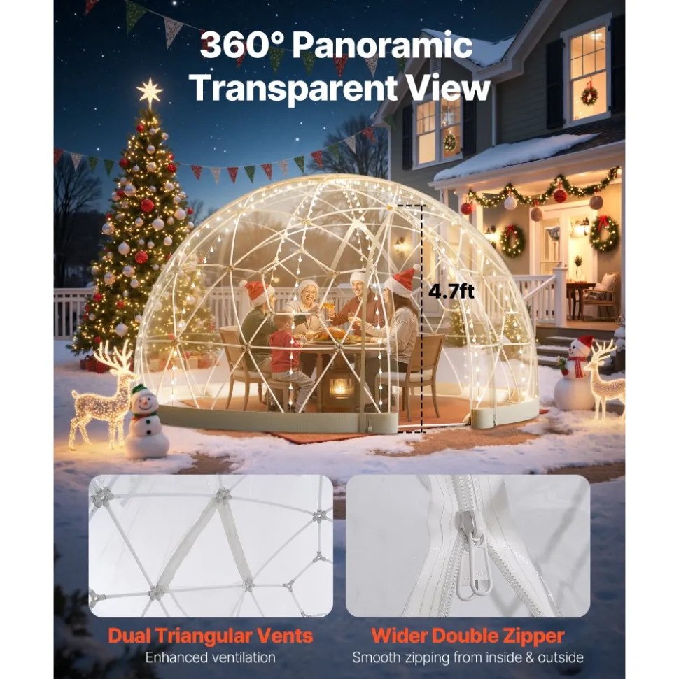 VEVOR Garden Dome Igloo, 9.5 x 5.7 ft Outdoor Clear Bubble Tent for 2-4 Person, Weatherproof Geodesic Dome Greenhouse with Window, PVC Igloo Tent for Backyard Patios Camping Party Wedding