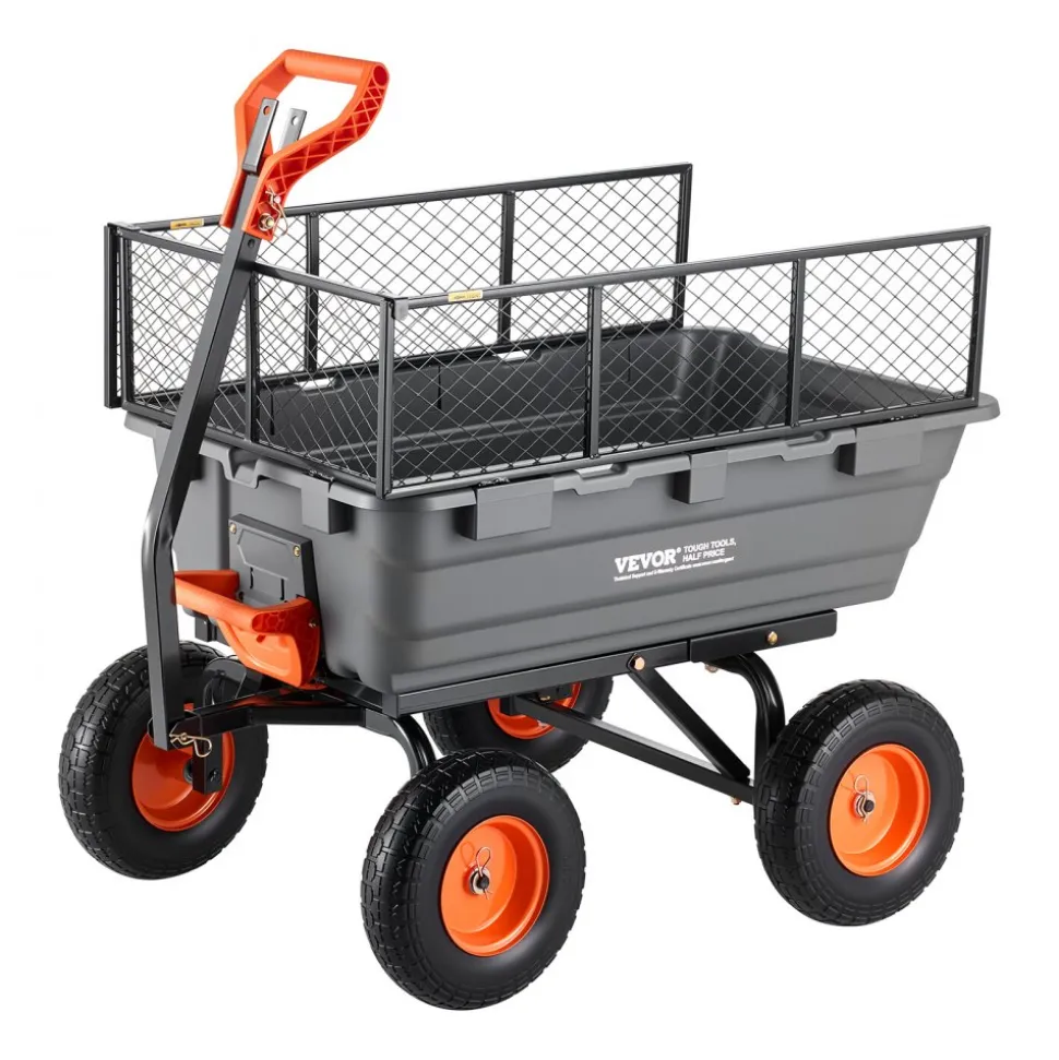 VEVOR Garden Dump Cart, 1200 lbs Poly Dump Cart, Garden Carts Dumps Wagon with Storage Fence, 2-in-1 Convertible Handle, 90° Quick-Dumps Mechanism, 180° Swivel Wheels, Yard Wagon for Plants, Soil