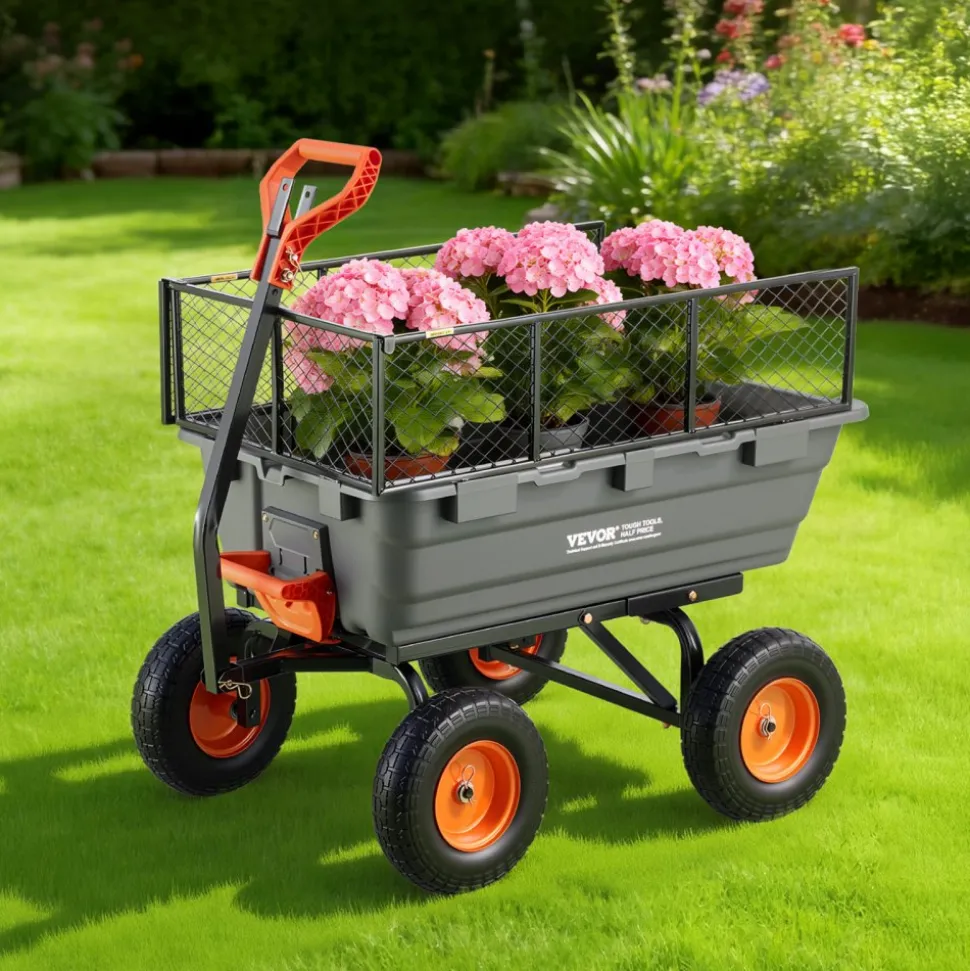 VEVOR Garden Dump Cart, 1200 lbs Poly Dump Cart, Garden Carts Dumps Wagon with Storage Fence, 2-in-1 Convertible Handle, 90° Quick-Dumps Mechanism, 180° Swivel Wheels, Yard Wagon for Plants, Soil